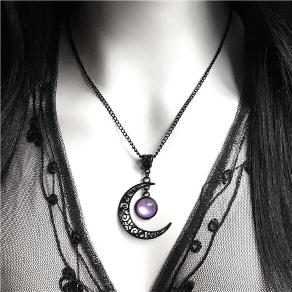 Gothic Moon Necklace Women Crystal Pendant Black Crescent Dark Punk Jewelry Gift - Picture 2 of 3
